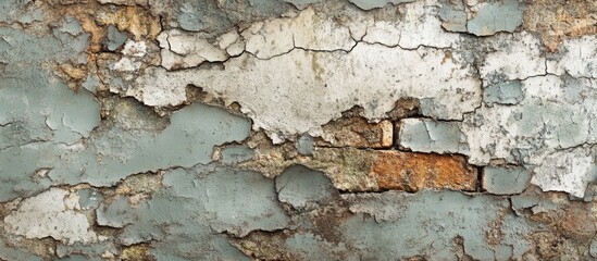 Weathered cracked wall texture featuring peeling paint and exposed brick in a close-up view with Copy Space