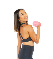 Young brunette sport woman holding a dumbbell isolated over transparent background. PNG transparent.