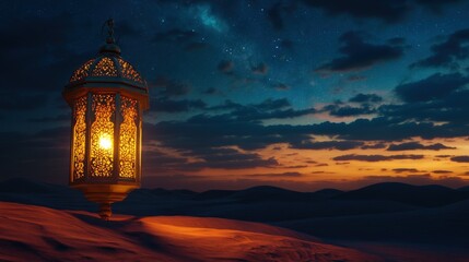 Fototapeta premium Magical lantern glowing in the desert under starry night sky