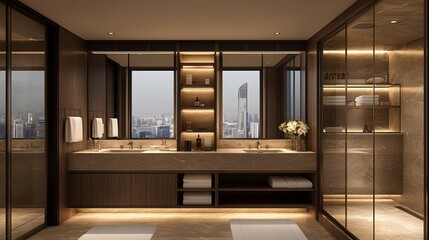 Luxury hotel bathroom with city view, modern design, soft lighting
