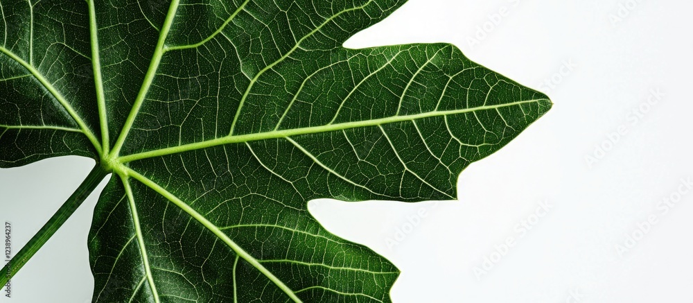 Poster close-up of a green papaya leaf showing intricate vein patterns on a light background with copy spac
