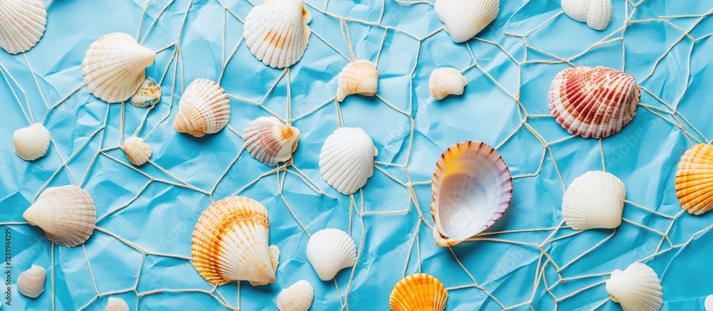 Poster colorful seashells arranged on a blue textured background with fishing net design copy space