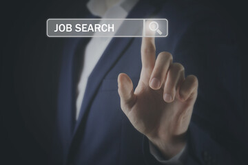 Job search. Businessman touching virtual search bar on black background, closeup