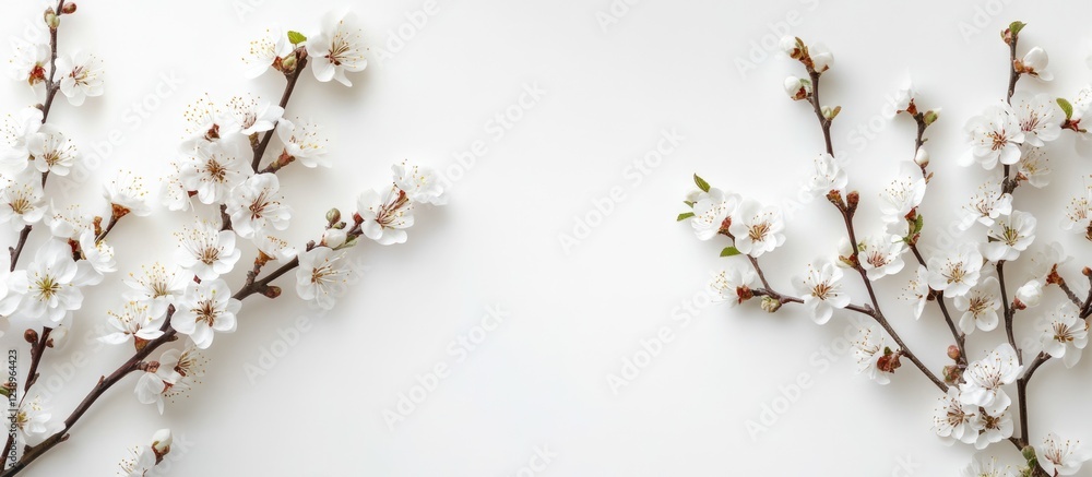 Poster white cherry blossom branches arranged symmetrically on a plain white background with ample copy spa