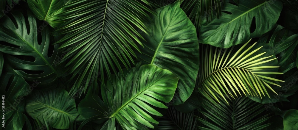 Poster tropical leaves background with various shades of green foliage texture and patterns suitable for de