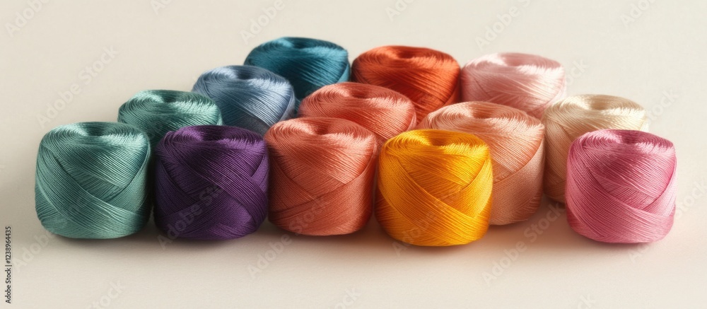 Poster colorful threaded spools arranged in two rows with various shades on a light background showcasing a