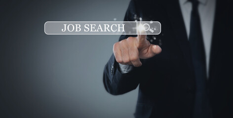 Job search. Businessman touching virtual search bar on grey background, closeup
