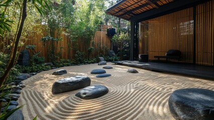 Serene Zen Garden with Gravel Patterns and Bamboo