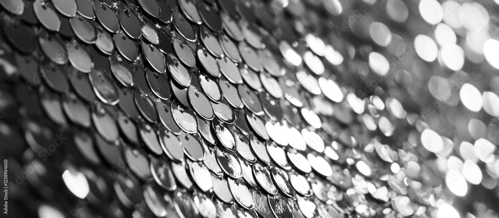 Poster shimmering silver circular sequins arranged in a pattern with soft focus background and highlights c