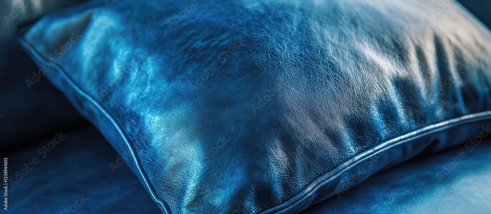 Poster blue leather pillow close up on textured surface with soft lighting and detailed stitching suitable 