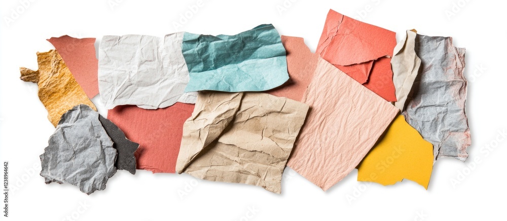 Poster colorful crumpled textured paper pieces arranged in an abstract composition with ample copy space fo