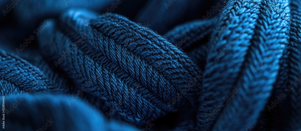 Sticker Blue textured fabric close-up with intertwined threads and fibers Copy Space