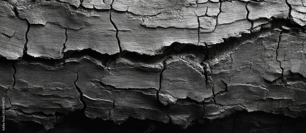 Poster blackened wood texture with deep cracks and intricate patterns suitable for backgrounds or artistic 
