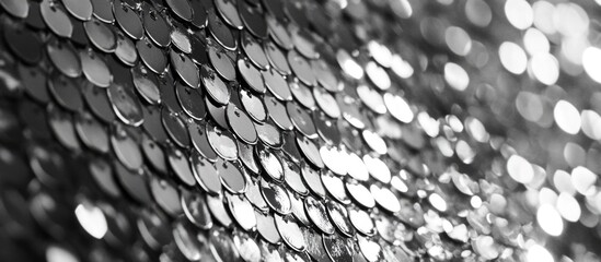 Shimmering silver circular sequins arranged in a pattern with soft focus background and highlights Copy Space