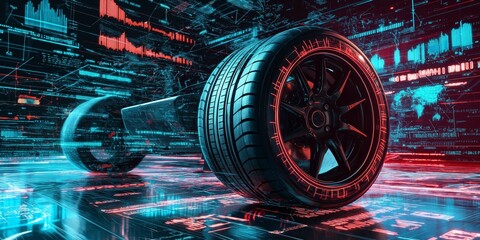 A futuristic car tire surrounded by holographic graphs and data overlays.