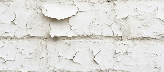Obraz premium Detailed close-up of an old white cracked plaster wall with visible peeling layers and textured surface ideal for backgrounds and design Copy Space