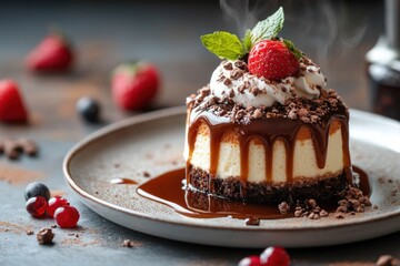 A scrumptious cheesecake is beautifully presented with whipped cream, fresh strawberries, and a rich caramel drizzle beside dark chocolate shavings