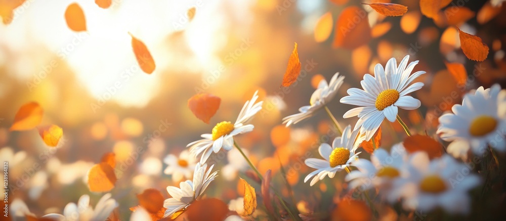 Aufkleber daisies surrounded by autumn leaves with warm sunlight in a soft background and copy space for text