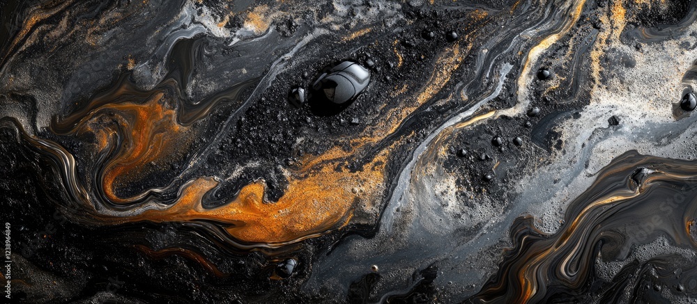 Poster abstract black and orange fluid art background with texture resembling liquid marble and a polished 
