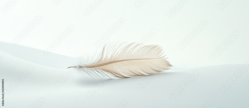 Aufkleber Delicate white feather placed on smooth white surface with soft focus and ample copy space for text placement