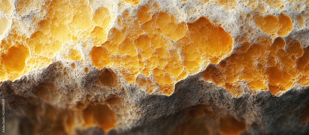 Wall mural Close-up of yellow textured rock surface with bubbles and indentations on a dark background Copy Space