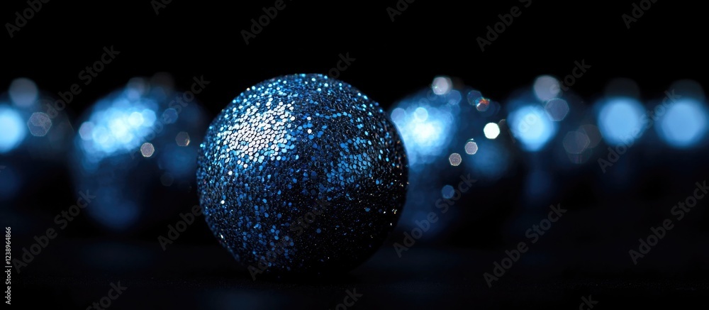 Aufkleber Blue sparkling glitter spheres with bokeh effects on a dark background showcasing depth of field and texture Copy Space