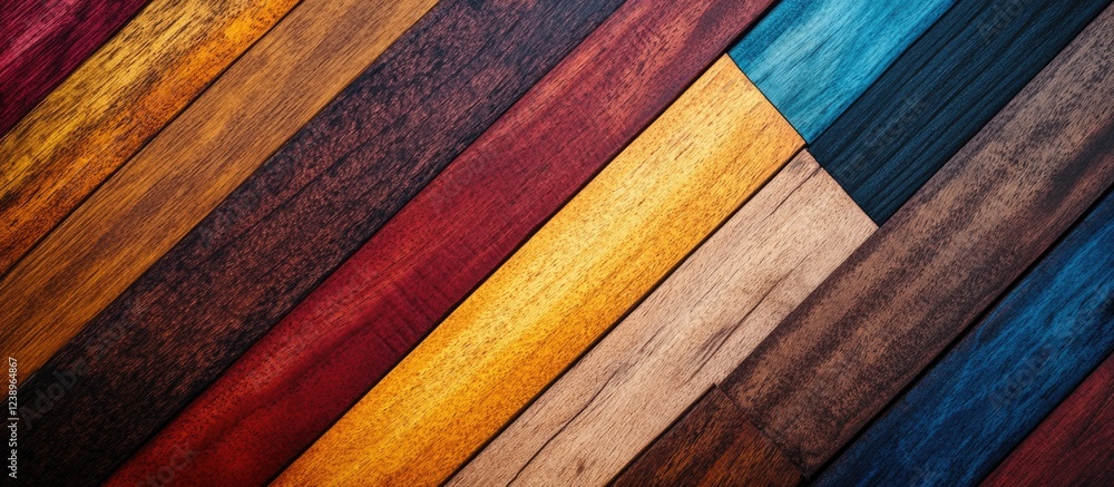 Poster colorful wooden planks arranged in a diagonal pattern with various wood textures and hues copy space