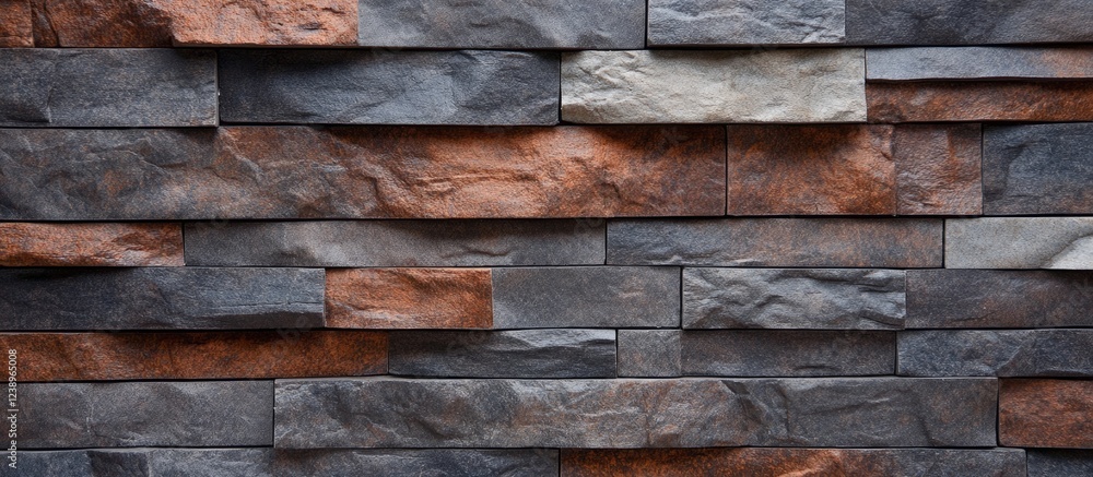 Poster textured stone wall background composed of various colors and sizes of rectangular stone slabs with 