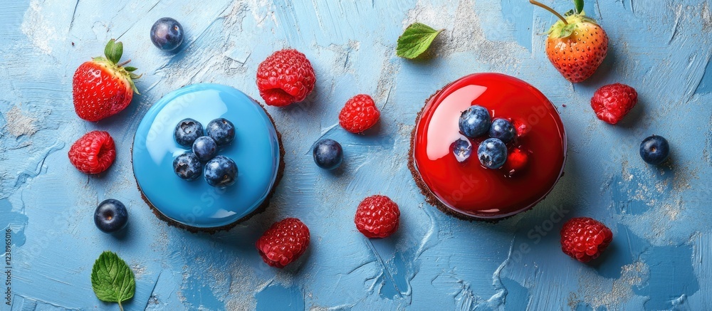 Poster two glossy dessert cakes with blue and red glazes topped with blueberries and fresh raspberries disp