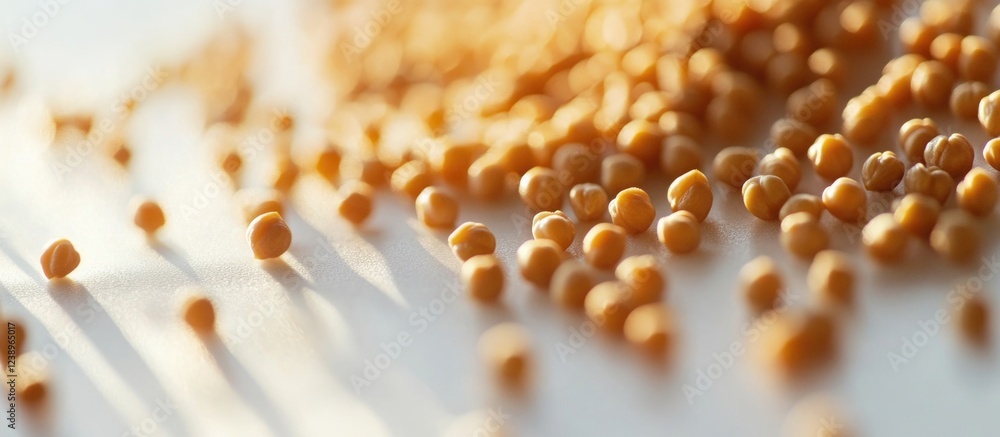 Poster close-up of scattered yellow mustard seeds with soft shadows on a light surface and bright natural l