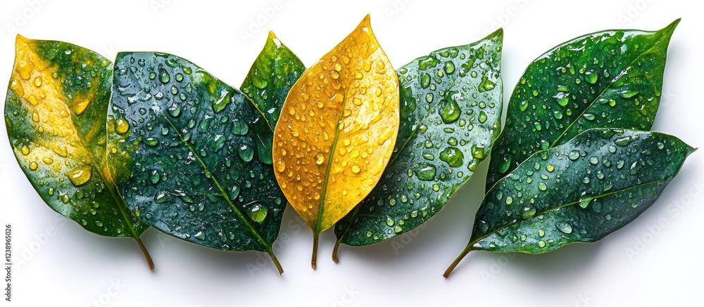 Poster fresh green leaves with water droplets arranged in a row on a white background with yellow leaf incl