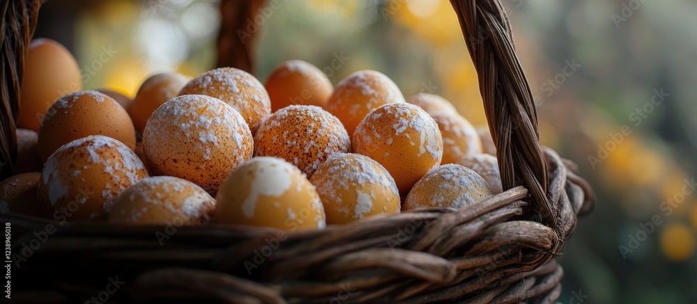 Poster basket filled with rustic brown speckled eggs with blurred background of autumn foliage copy space