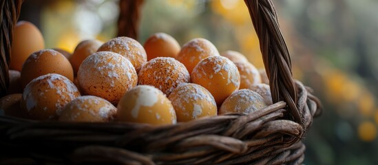 Basket filled with rustic brown speckled eggs with blurred background of autumn foliage Copy Space