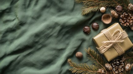 Christmas gift and decorative elements on green fabric background with copy space for holiday themes and seasonal designs