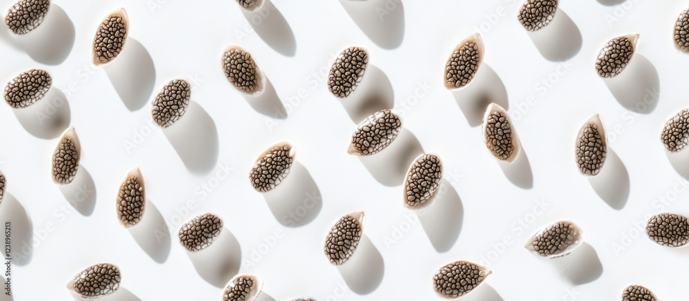 Aufkleber macro view of scattered white seed pods with dark seeds on a bright surface. copy space