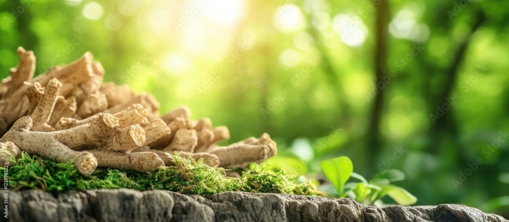 Poster wooden logs and moss on a tree stump with soft sunlight filtering through greenery in a forest backg