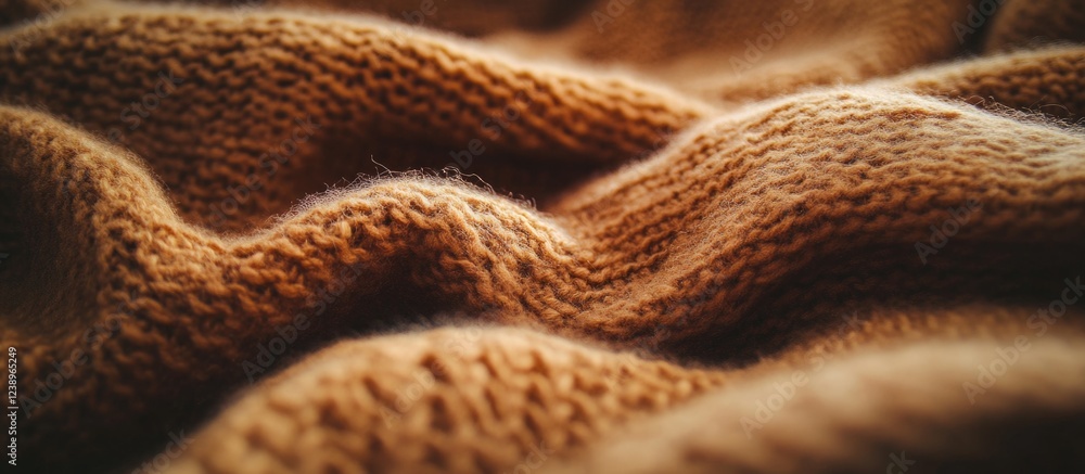 Poster Close-up of textured brown knitted fabric with soft waves and folds suitable for textile background or upholstery design Copy Space