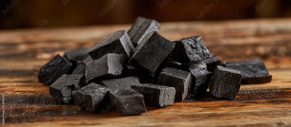 Aufkleber dense pile of square charcoal pieces on rustic wooden surface with natural lighting and textures, id