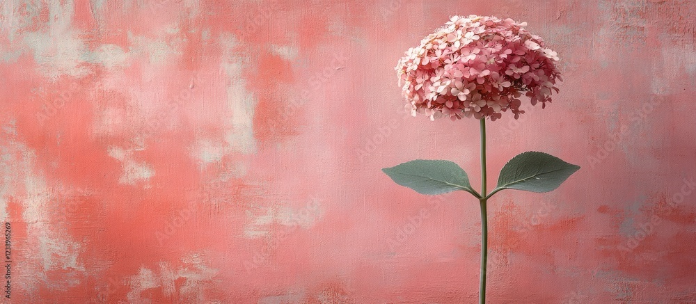 Poster pink hydrangea flower on stem against textured pink background with copy space for text