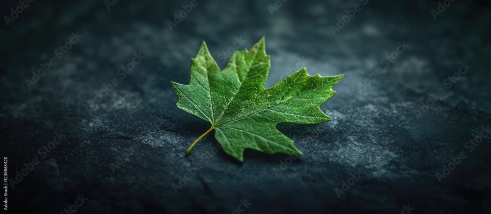 Poster close-up of a single green maple leaf on a dark textured surface with natural lighting and copy spac