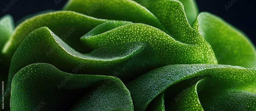 Poster close-up view of textured green plant leaves with curled edges isolated on a dark background copy sp