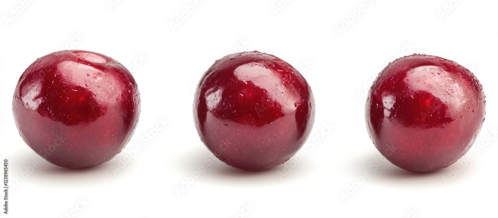 Aufkleber Three shiny red cherries arranged in a row on a plain white background with copy space for text placement.