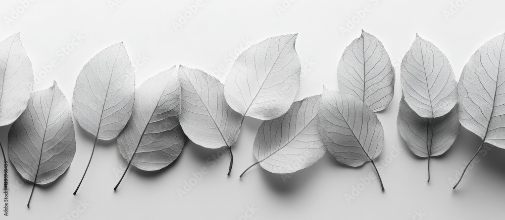 Aufkleber Arranged collection of various pale gray leaves on a white background with ample copy space for text insertion