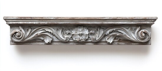 Ornate carved wooden decorative molding with floral motifs and weathered finish on white background Copy Space