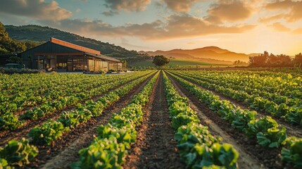 Golden sunlight bathes a lush farm adorned with rows of lettuce, flanked by gentle hills. A charming farmhouse completes this tranquil countryside vista at dusk