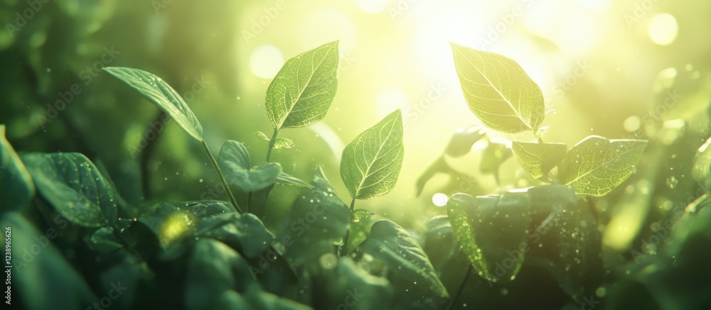 Aufkleber Close-up of fresh green leaves illuminated by sunlight with blurred background and soft bokeh effect in nature Copy Space