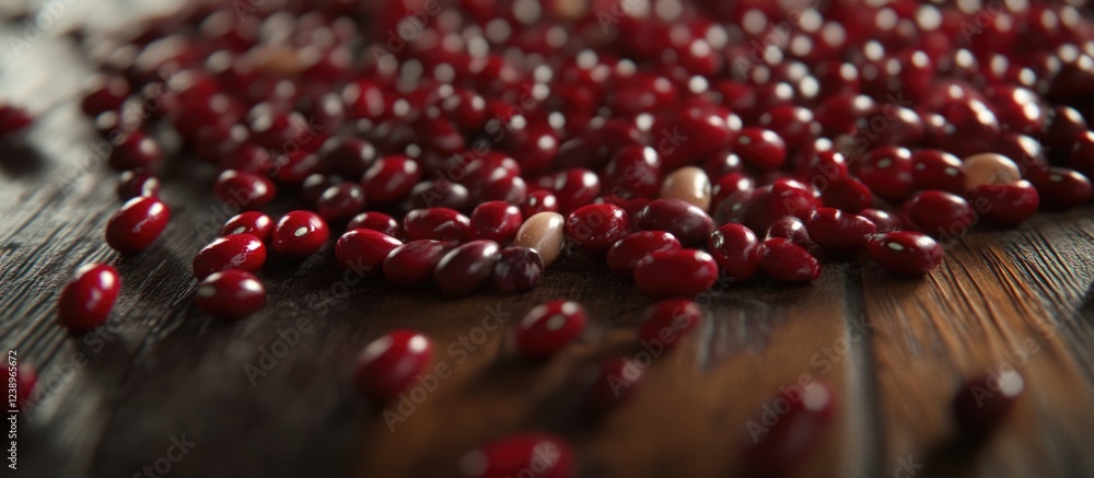 Poster red kidney beans scattered on rustic wooden table surface with natural lighting and texture details 