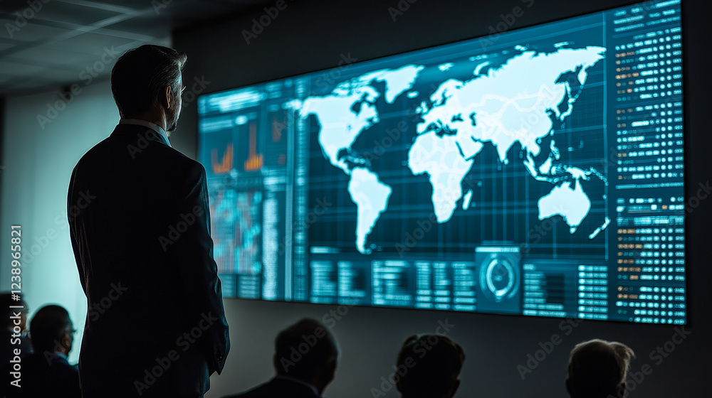 Aufkleber A group of professionals studies a large display featuring global maps and data analytics while engaged in a strategic discussion