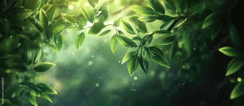 Poster green foliage with sunlight filtering through leaves in a natural setting with soft bokeh background