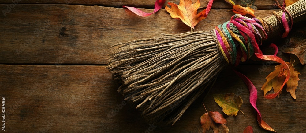 Aufkleber broom with colorful ribbons surrounded by autumn leaves on a wooden surface with ample copy space fo